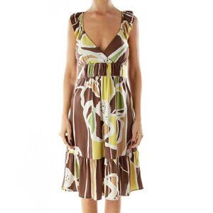 BCBG MaxAzria Brown Green Beige Ruffled Sleeveless Print Dress